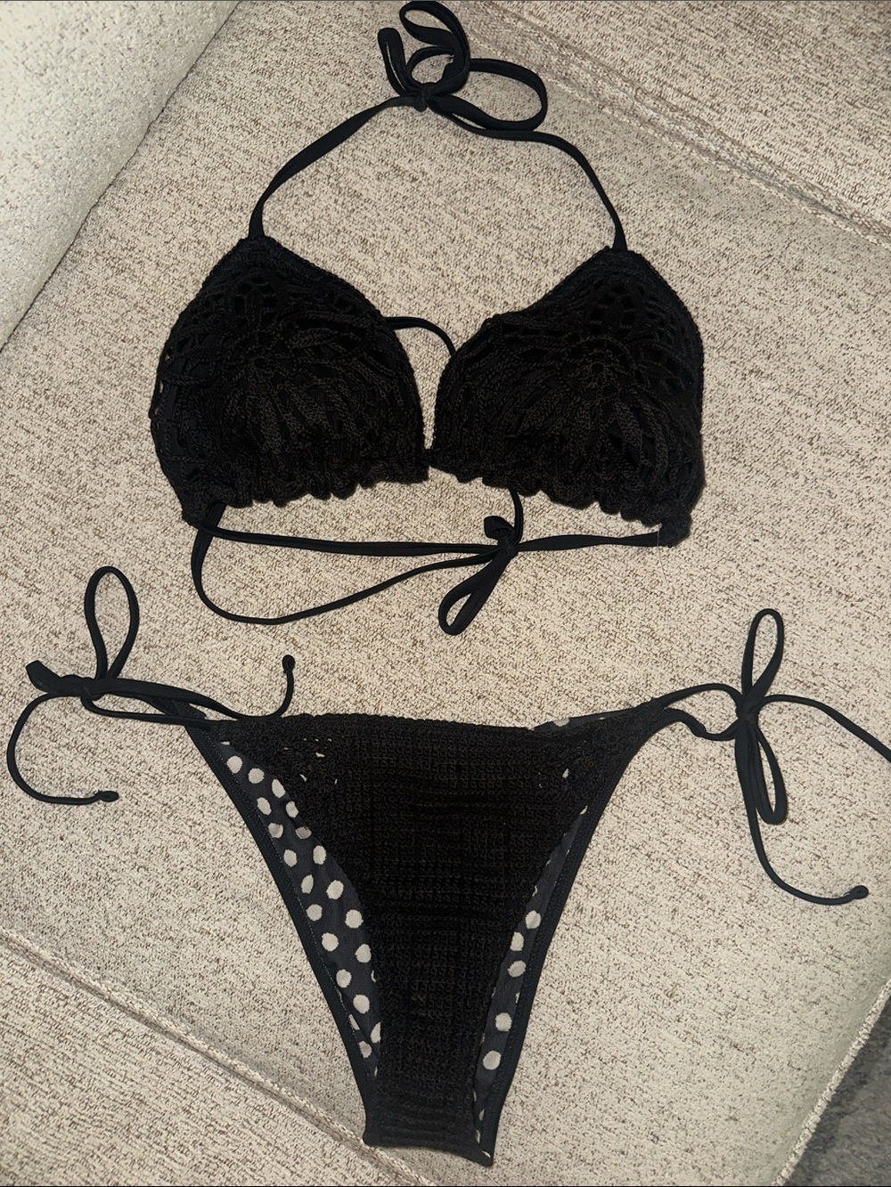 Black Crochet Tie Bikini Set - Women Swim